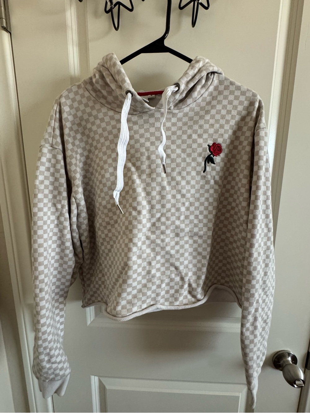 Vans Beige Checkered Hoodie with Red Rose Embroidery